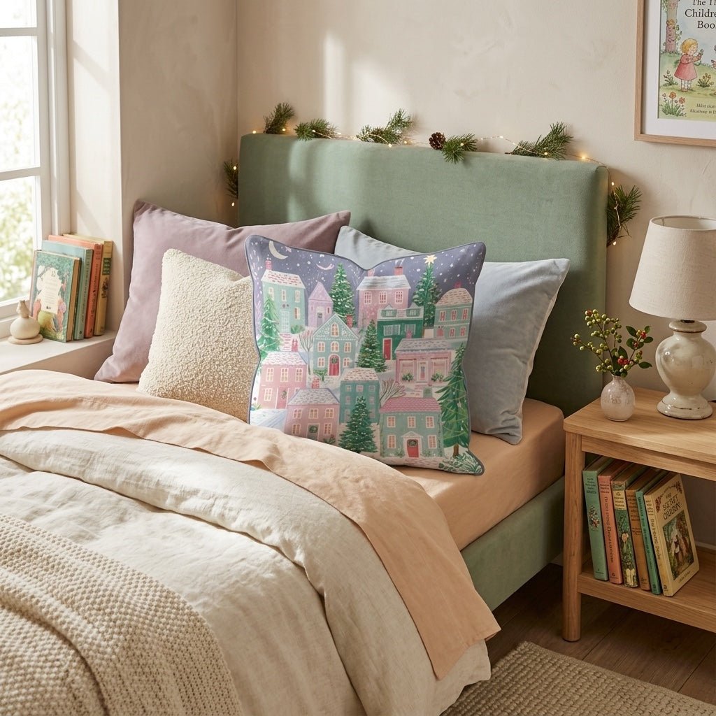 Pastel Hillside Village Throw Pillow - Hillcroft Home