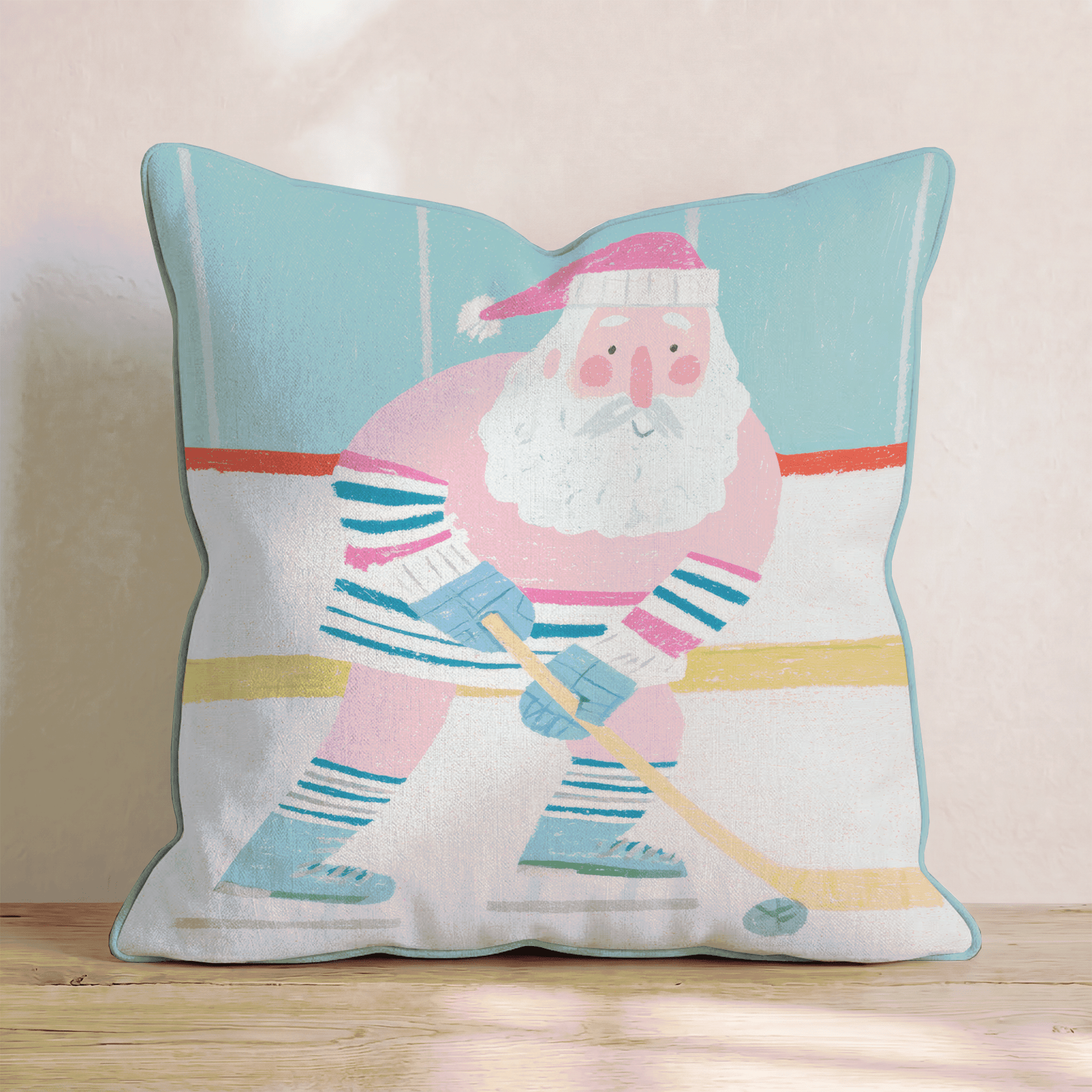 Pastel Hockey Santa Throw Pillow - Hillcroft Home