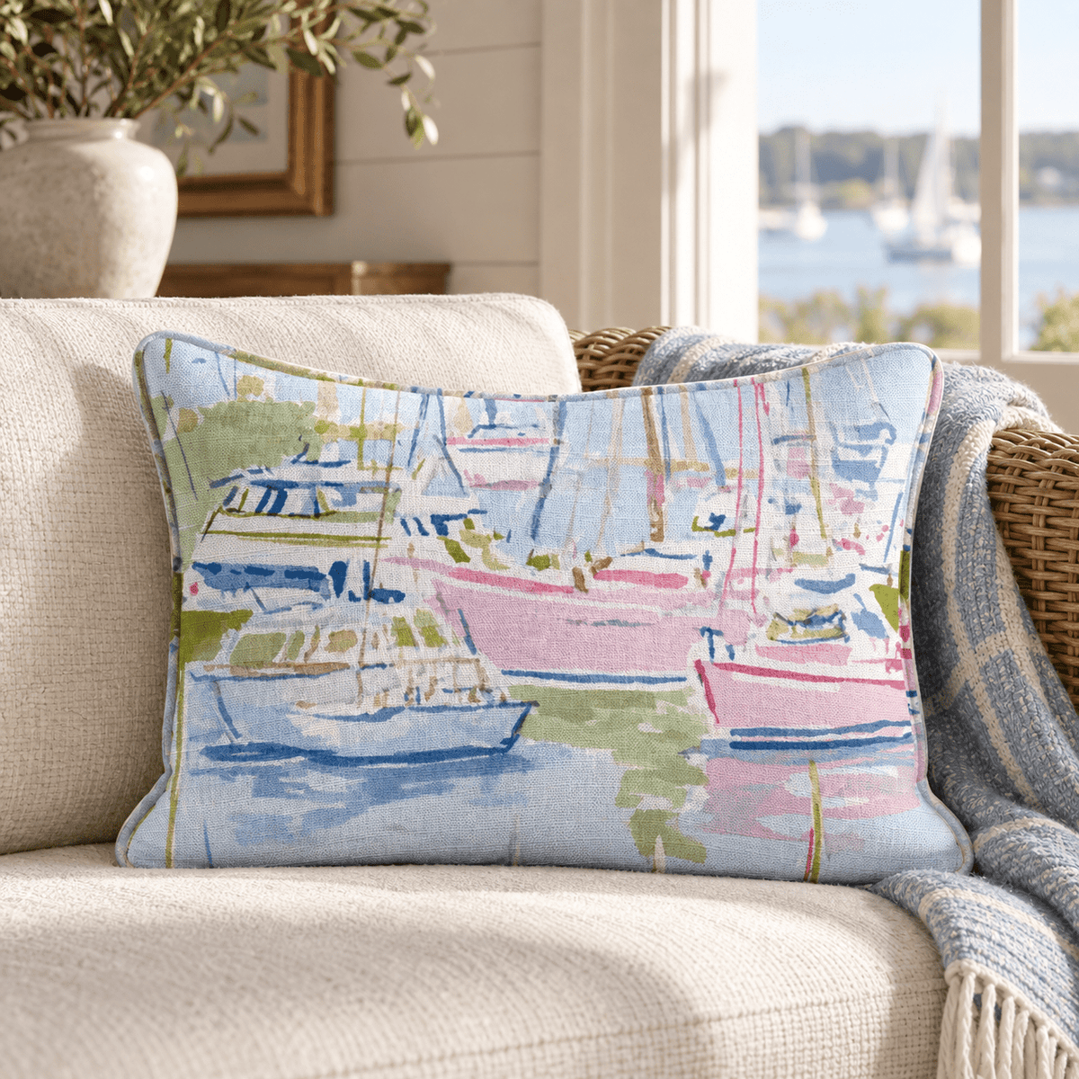 Pastel Marina Scene Throw Pillow throw pillow - Hillcroft Home