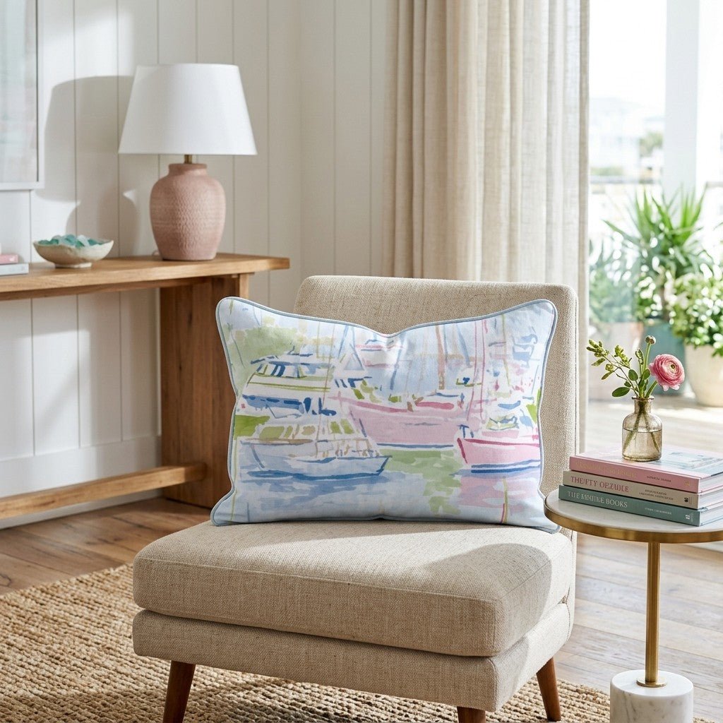 Pastel Marina Scene Throw Pillow - Hillcroft Home