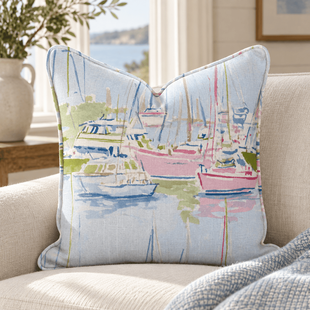 Pastel Marina Scene Throw Pillow throw pillow - Hillcroft Home
