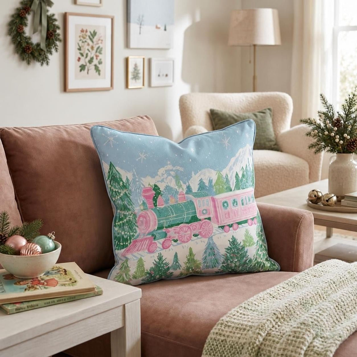 Pastel Wreath Train Throw Pillow throw pillow - Hillcroft Home