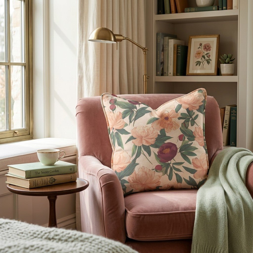 Peach Peony Garden Throw Pillow - Hillcroft Home