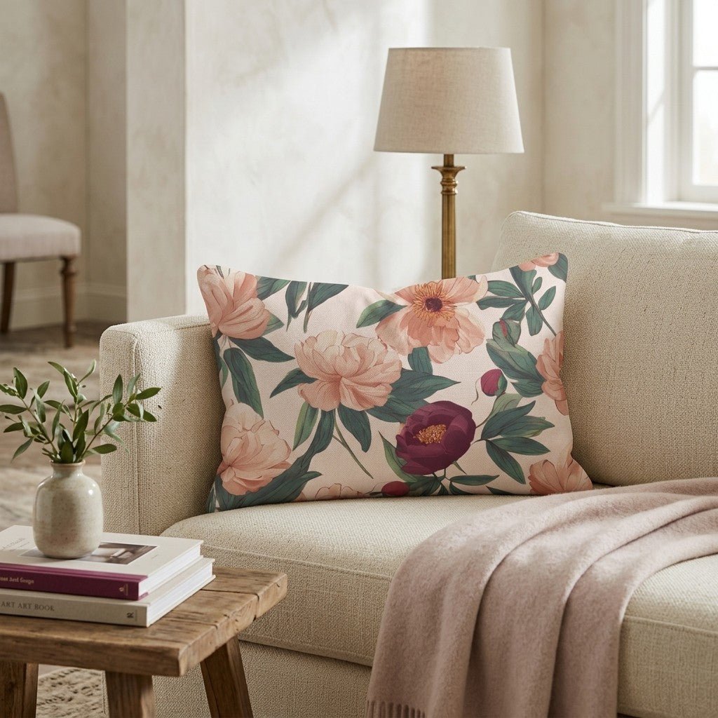 Peach Peony Garden Throw Pillow - Hillcroft Home