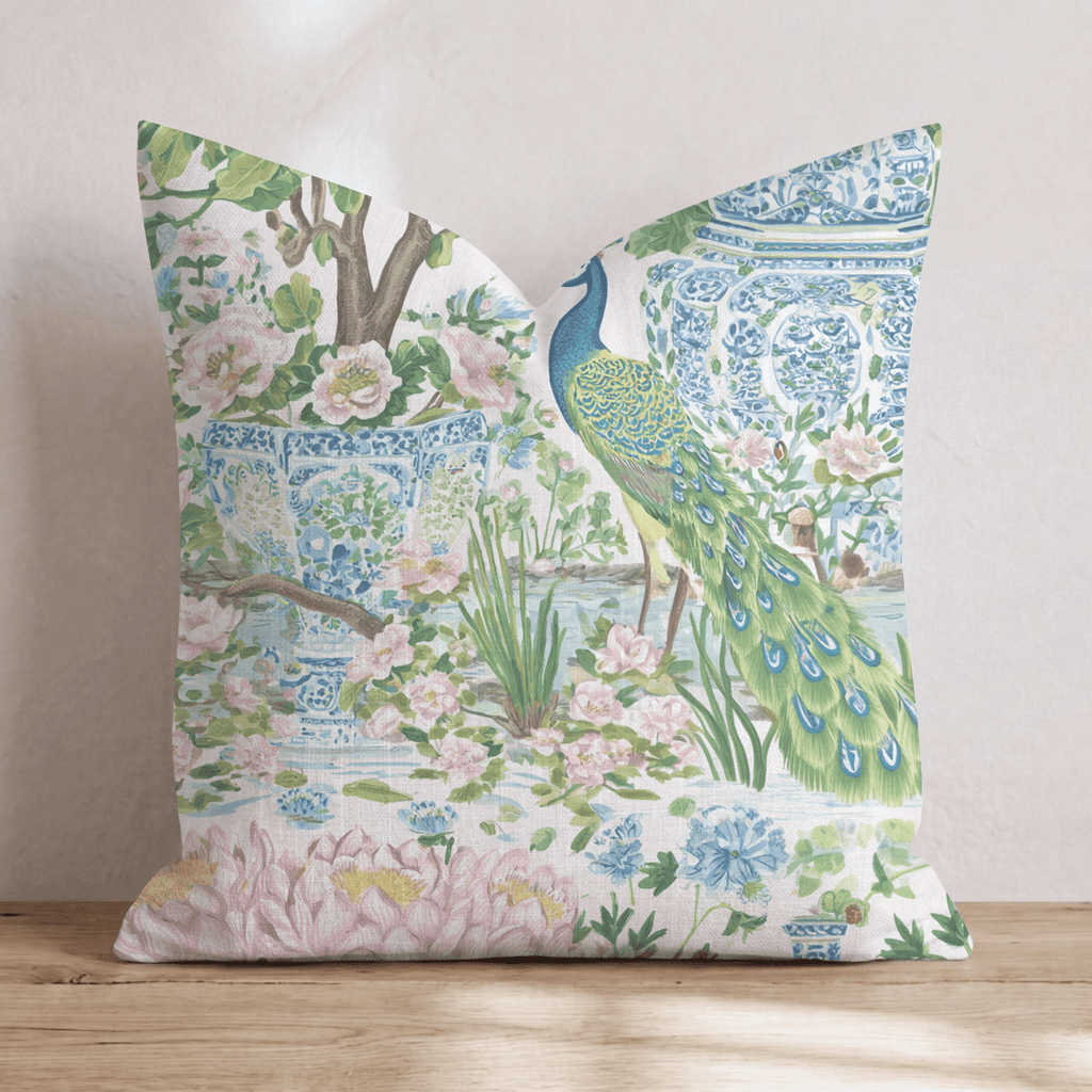 Peacock in the Vases Throw Pillow - Hillcroft Home