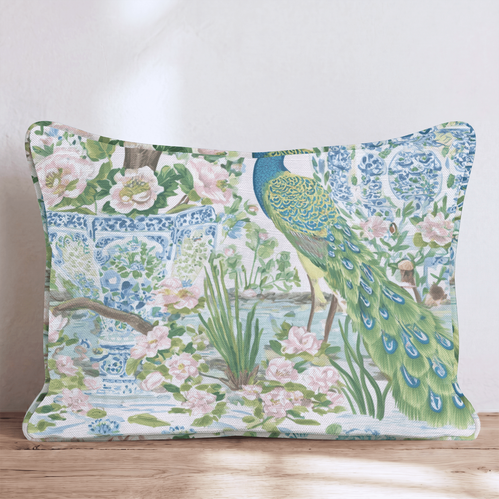 Peacock in the Vases Throw Pillow - Hillcroft Home