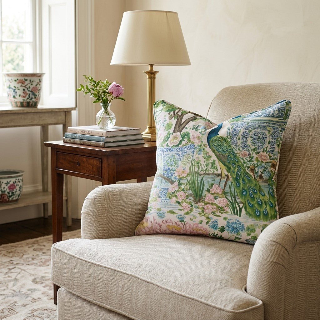 Peacock in the Vases Throw Pillow - Hillcroft Home
