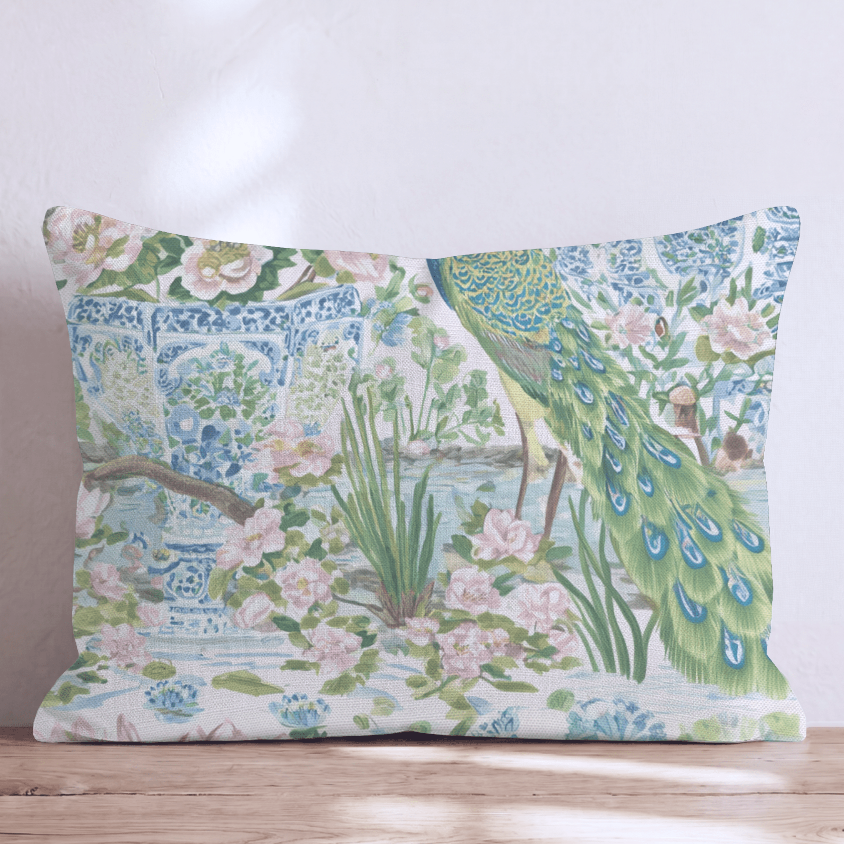 Peacock in the Vases Throw Pillow - Hillcroft Home