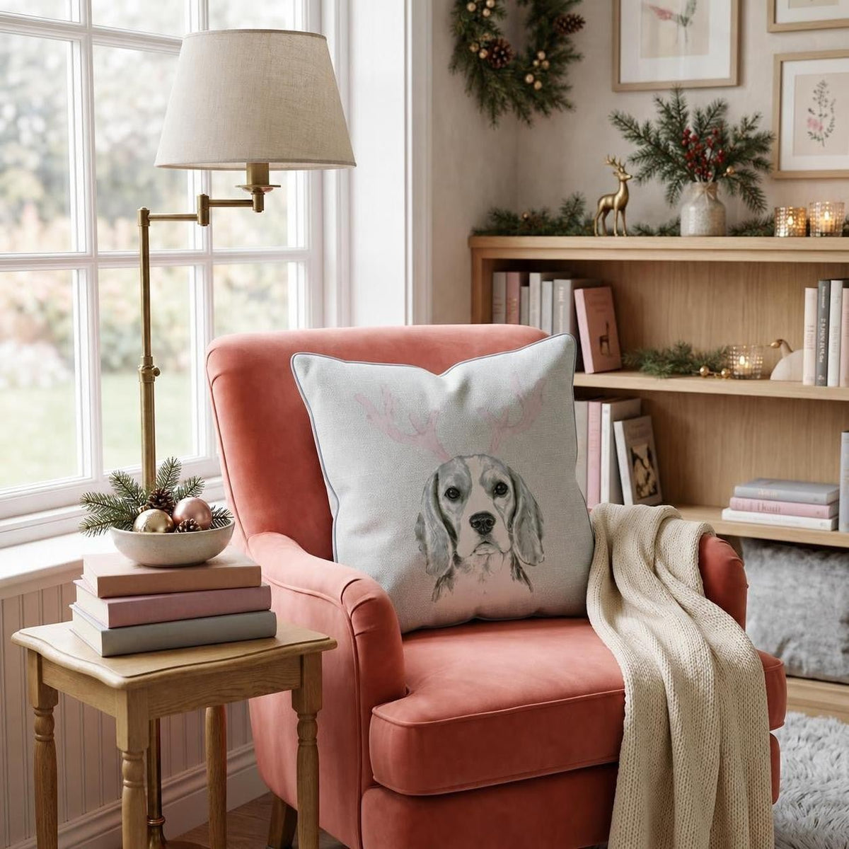 Pink Antler Beagle Throw Pillow throw pillow - Hillcroft Home