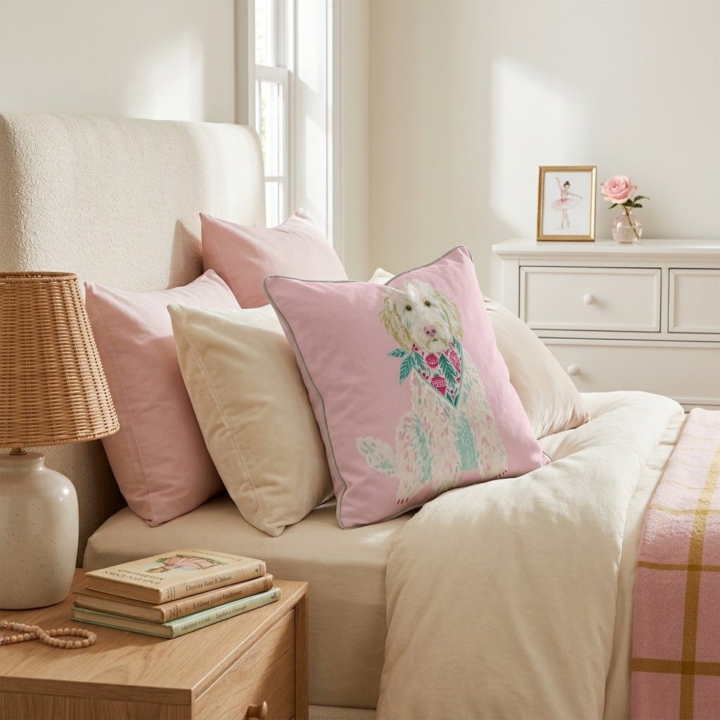 Pink Bandana Labradoodle Throw Pillow - Hillcroft Home