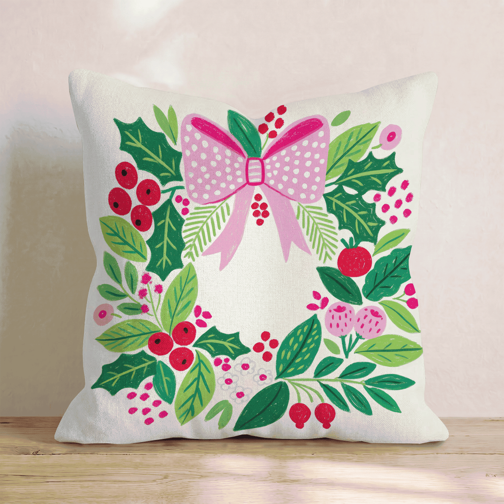 Pink Bow Ornament Wreath Throw Pillow - Hillcroft Home