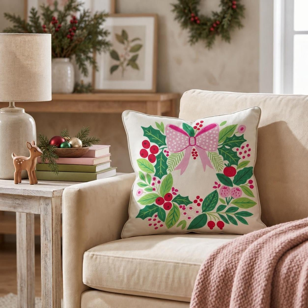 Pink Bow Ornament Wreath Throw Pillow throw pillow - Hillcroft Home
