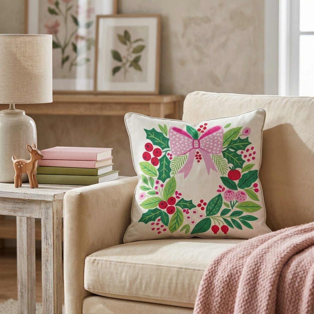 Pink Bow Ornament Wreath Throw Pillow - Hillcroft Home