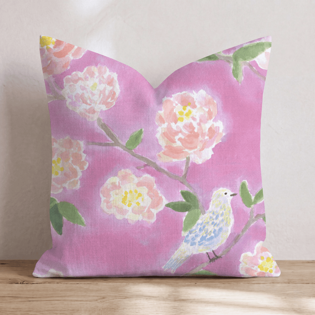 Pink Chinoiserie Bird Throw Pillow - Hillcroft Home