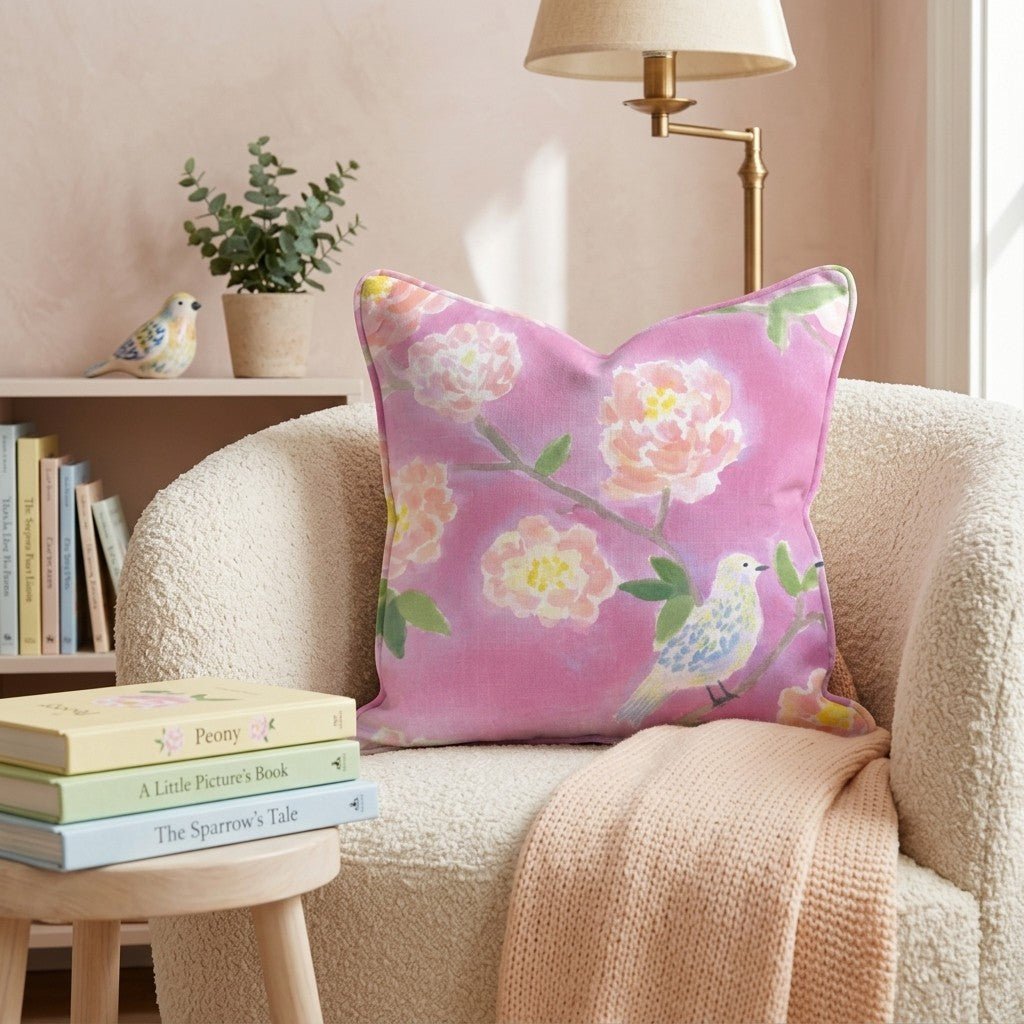 Pink Chinoiserie Bird Throw Pillow - Hillcroft Home