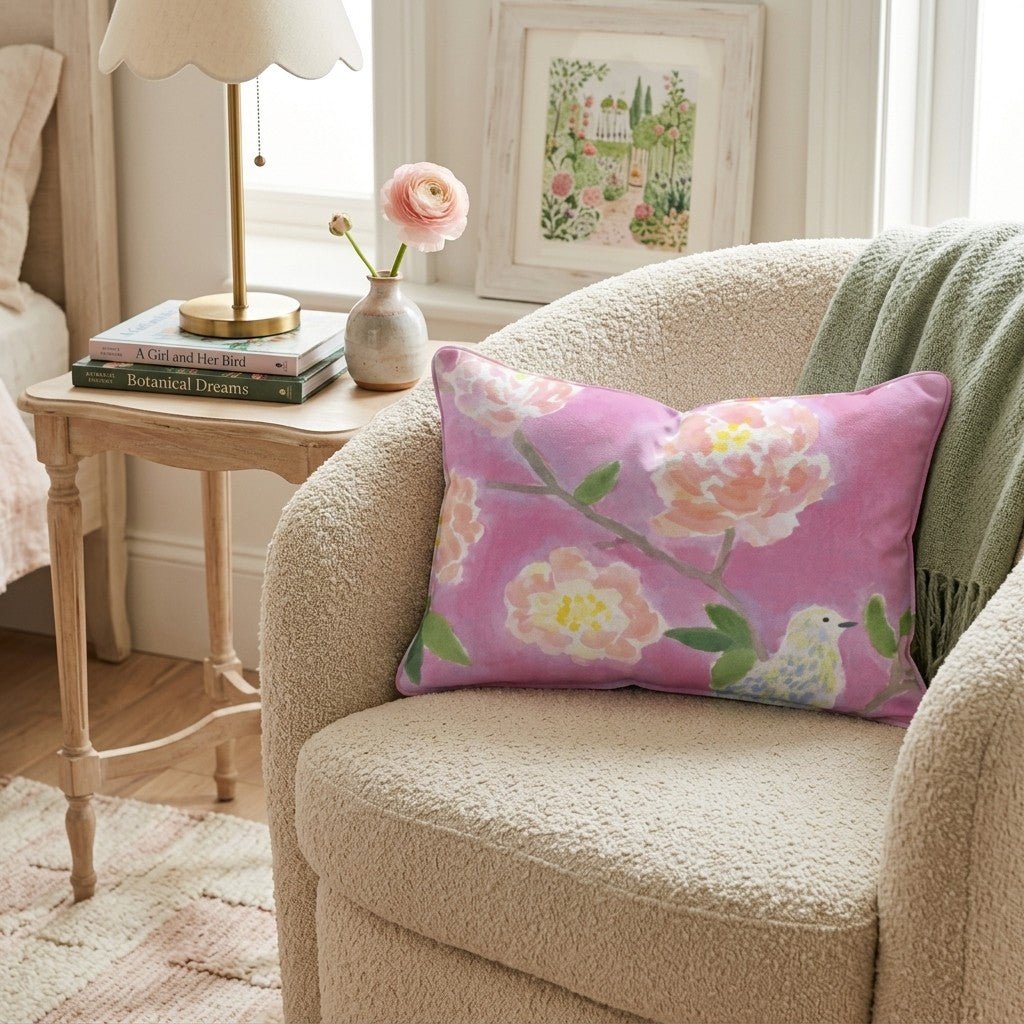 Pink Chinoiserie Bird Throw Pillow - Hillcroft Home