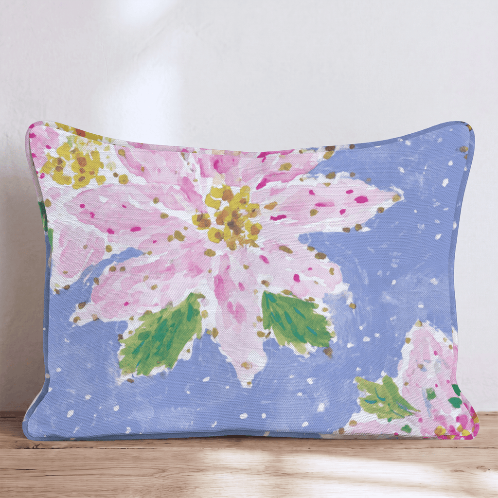 Pink Poinsettia Blue Snow Throw Pillow - Hillcroft Home
