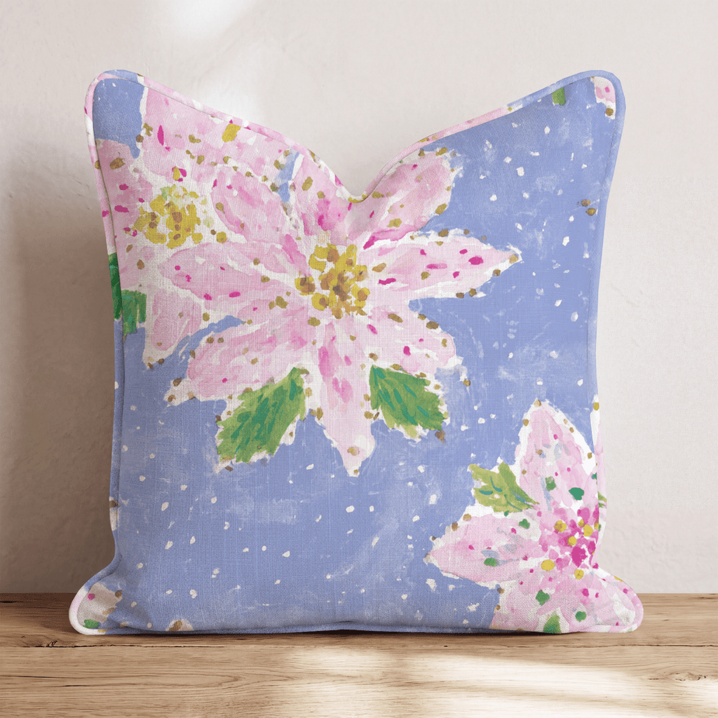 Pink Poinsettia Blue Snow Throw Pillow - Hillcroft Home