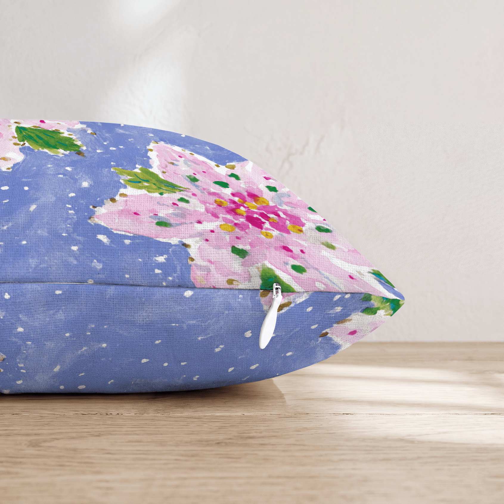 Pink Poinsettia Blue Snow Throw Pillow - Hillcroft Home