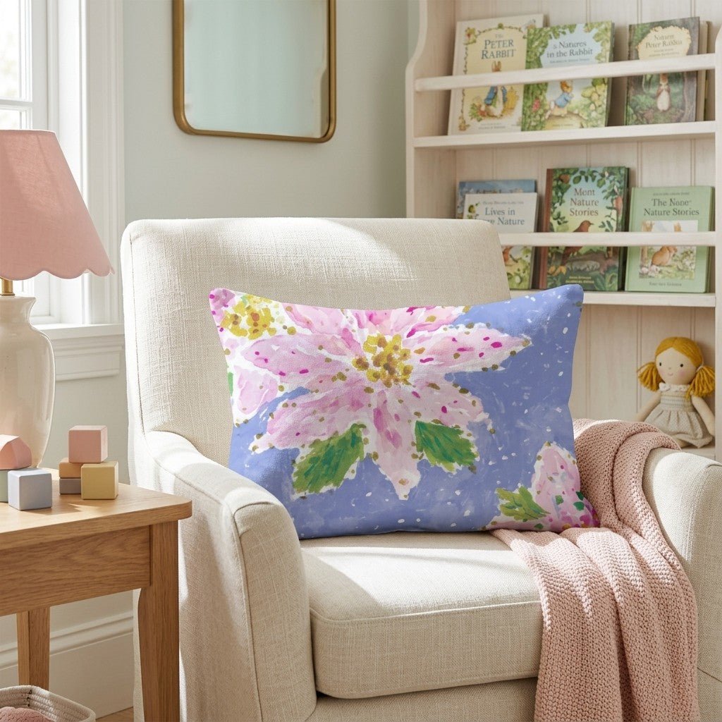 Pink Poinsettia Blue Snow Throw Pillow - Hillcroft Home