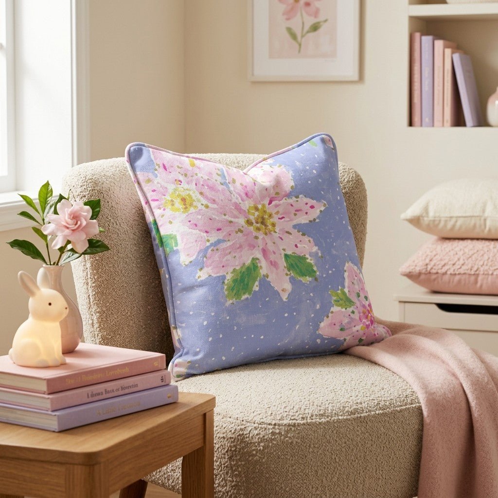 Pink Poinsettia Blue Snow Throw Pillow - Hillcroft Home