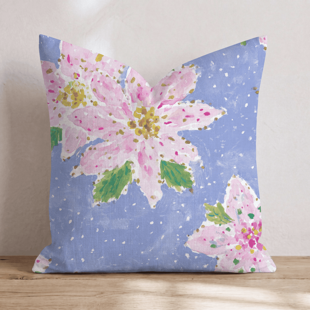 Pink Poinsettia Blue Snow Throw Pillow - Hillcroft Home