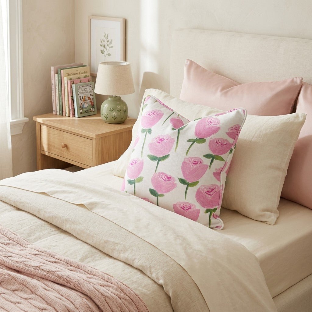 Pink Rosebud Garden Throw Pillow - Hillcroft Home