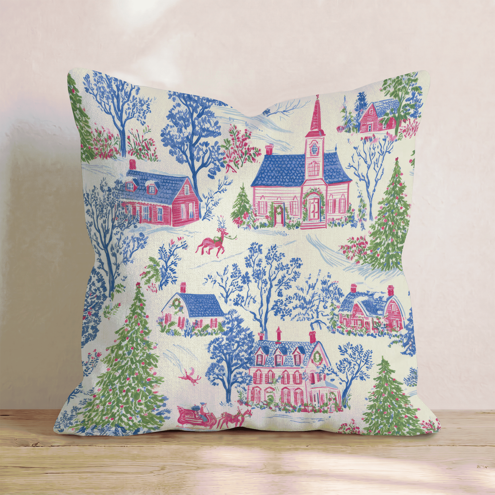 Pink Toile Christmas Village Throw Pillow - Hillcroft Home