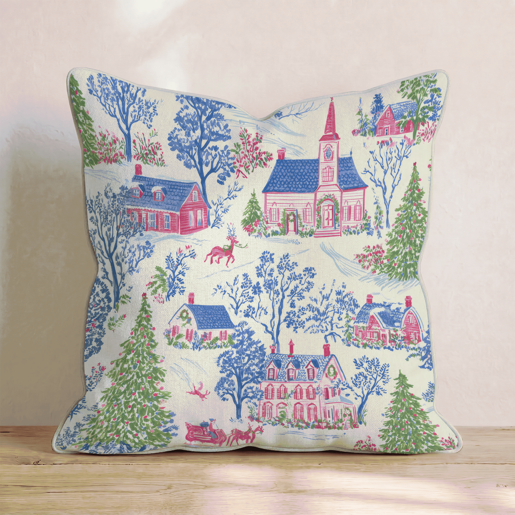 Pink Toile Christmas Village Throw Pillow - Hillcroft Home