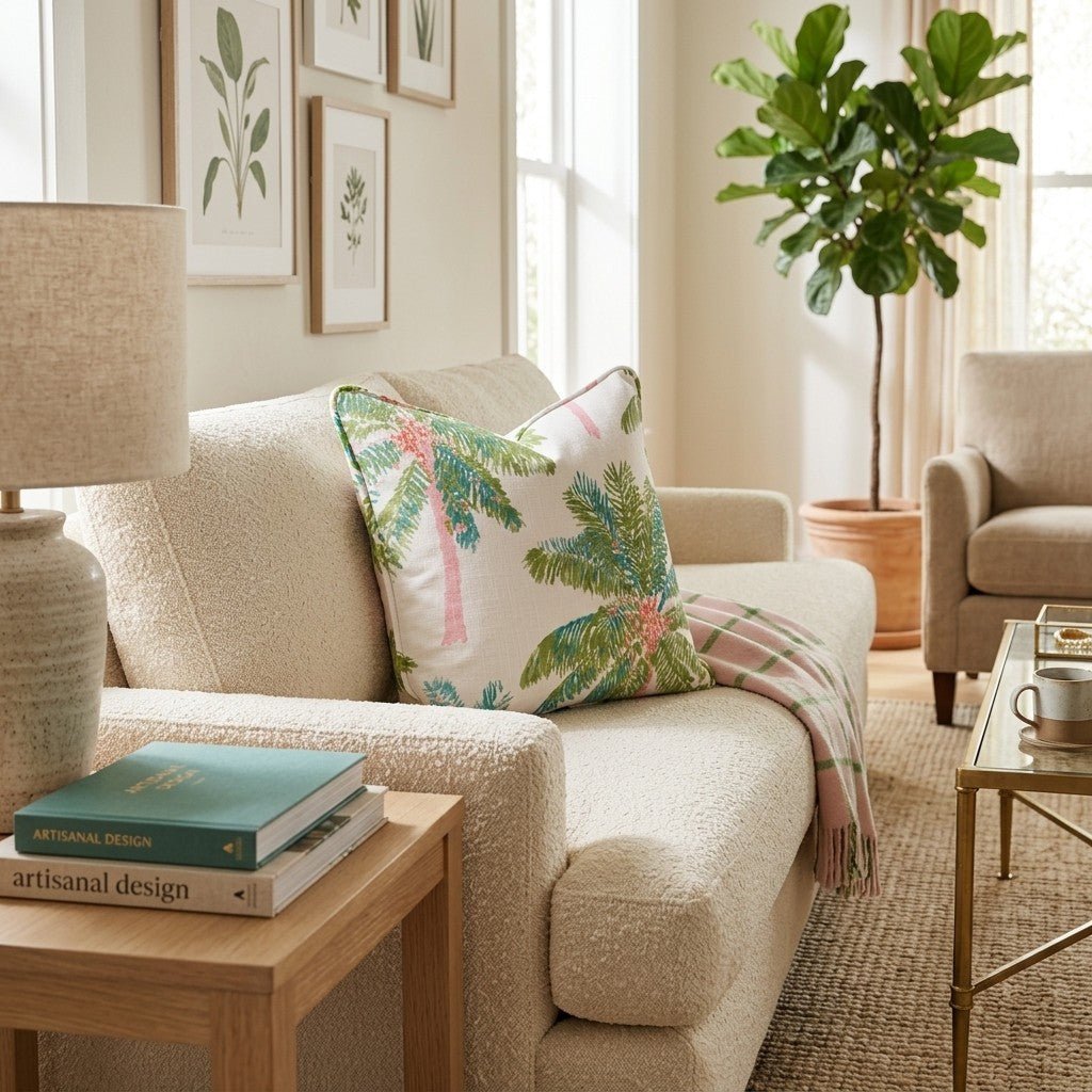 Pink Trunk Palm Cream Throw Pillow - Hillcroft Home