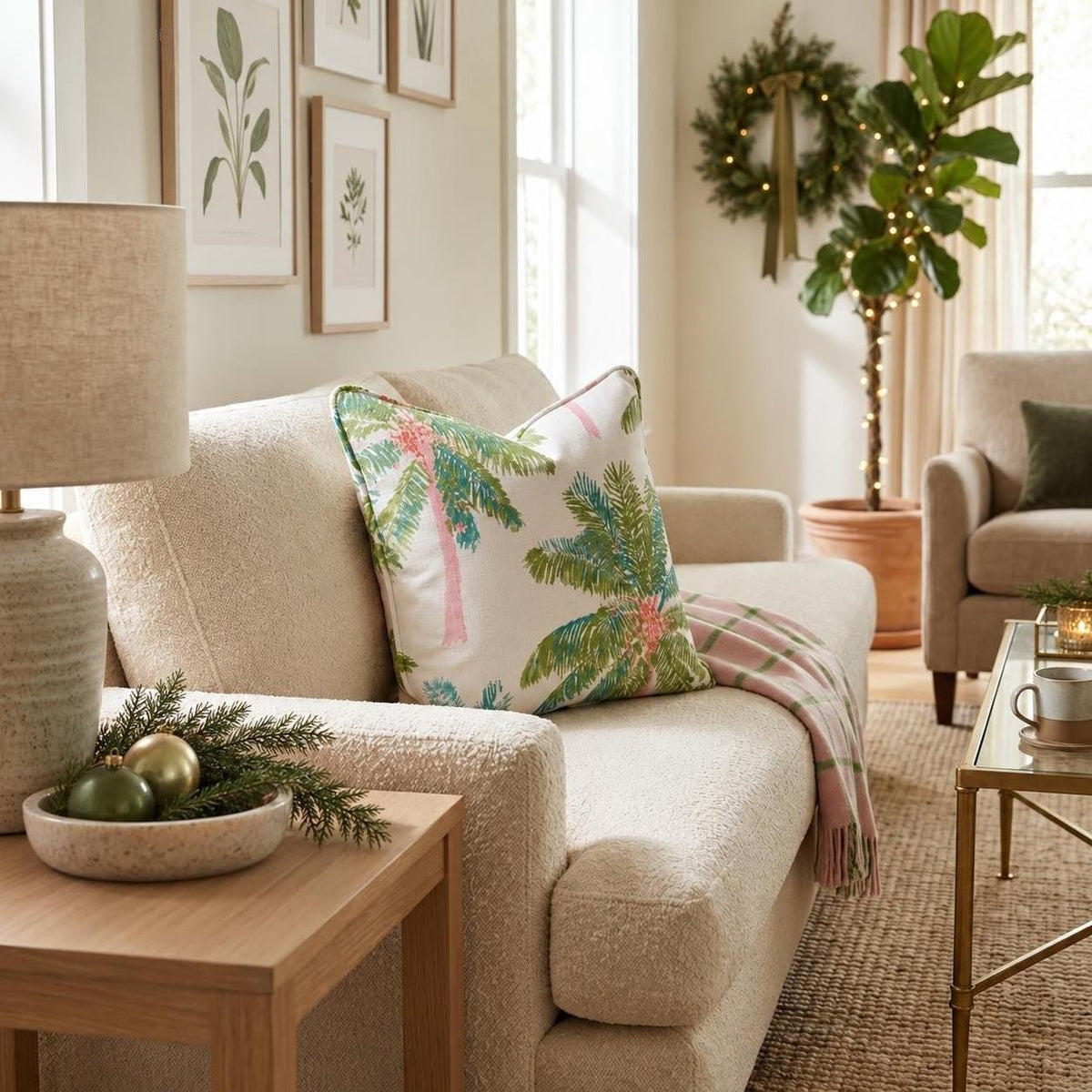 Pink Trunk Palm Cream Throw Pillow throw pillow - Hillcroft Home