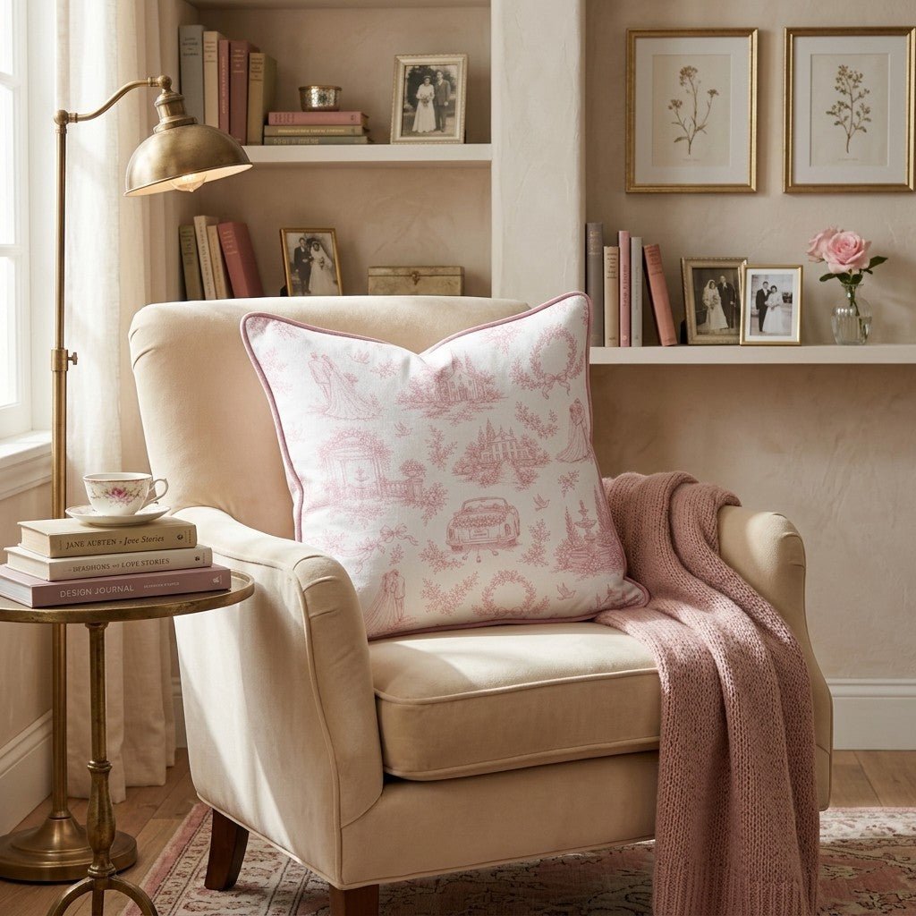 Pink Wedding Toile Throw Pillow - Hillcroft Home