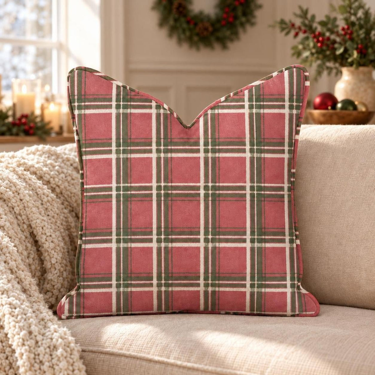 Plaid Tidings Throw Pillow throw pillow - Hillcroft Home