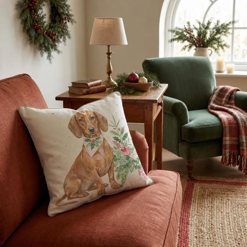 Poinsettia Bandana Dachshund Throw Pillow throw pillow - Hillcroft Home