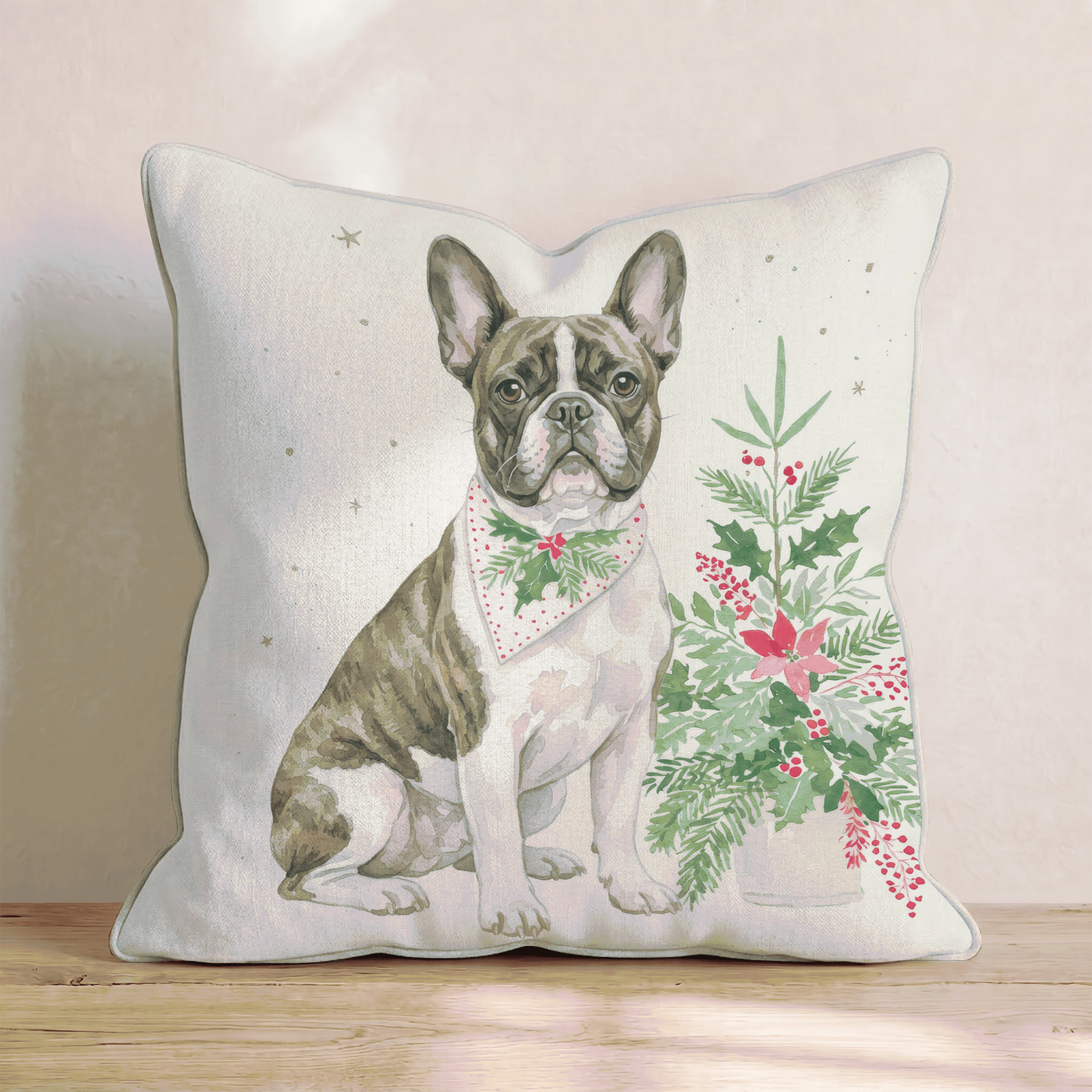 Poinsettia Bandana French Bulldog Throw Pillow - Hillcroft Home