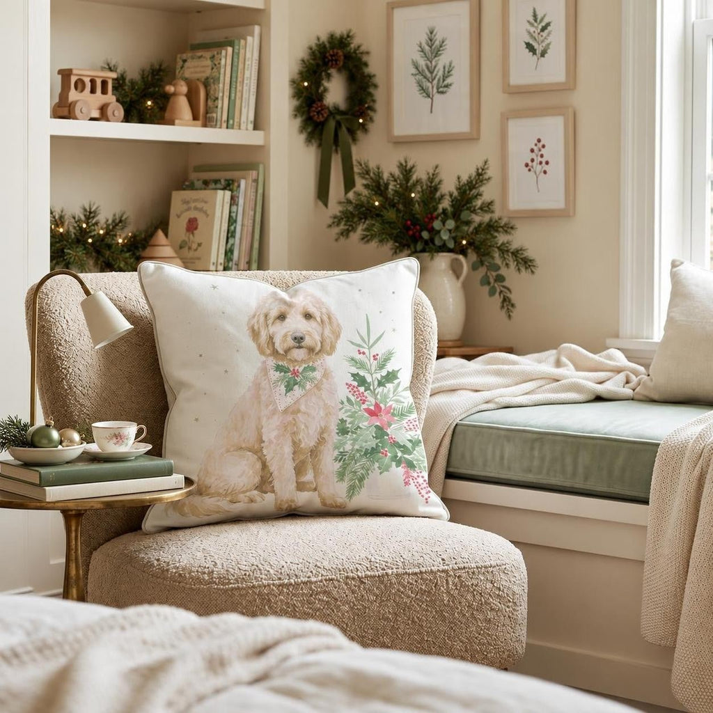 Poinsettia Bandana Goldendoodle Throw Pillow throw pillow - Hillcroft Home