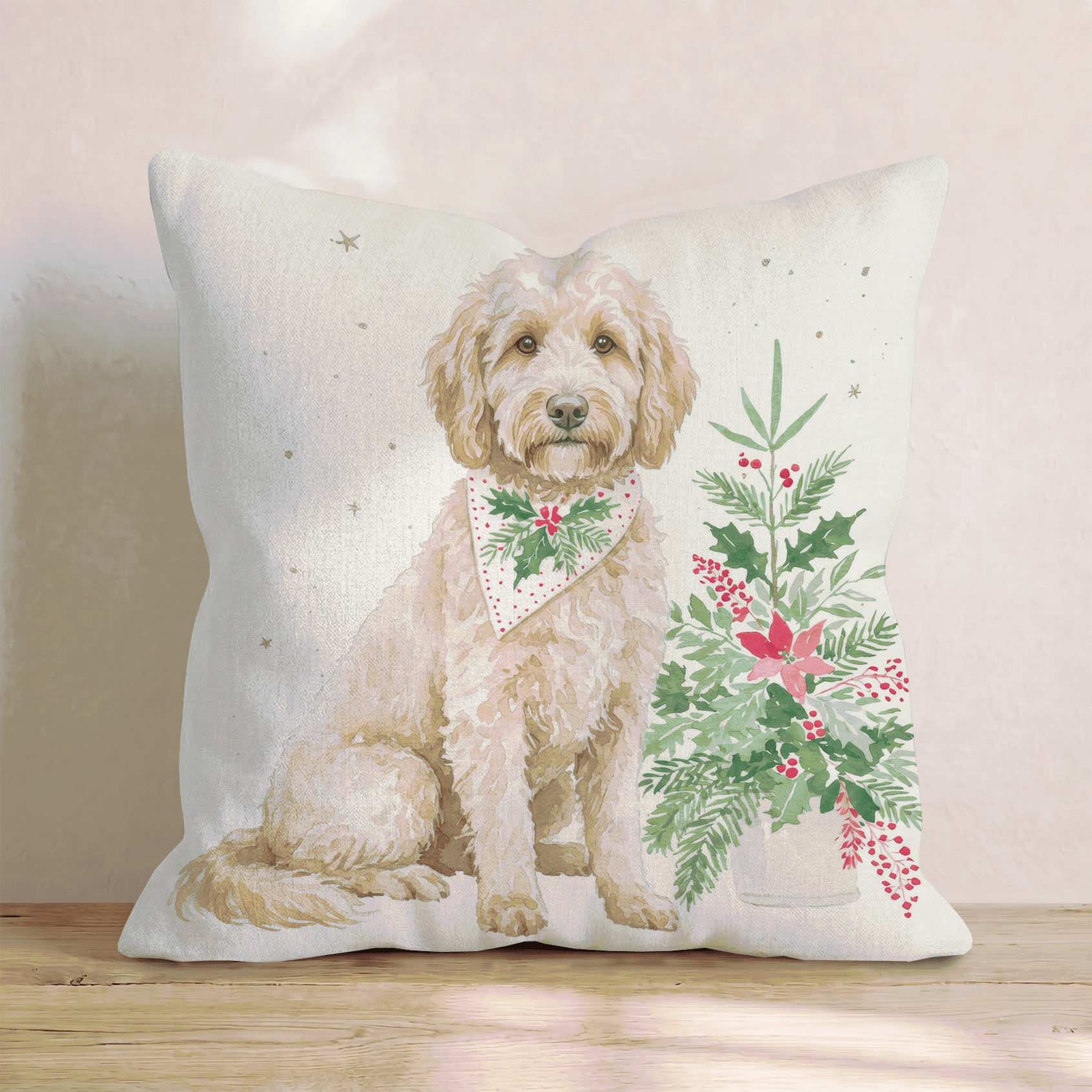 Poinsettia Bandana Goldendoodle Throw Pillow - Hillcroft Home