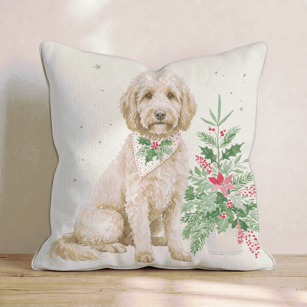 Poinsettia Bandana Goldendoodle Throw Pillow - Hillcroft Home