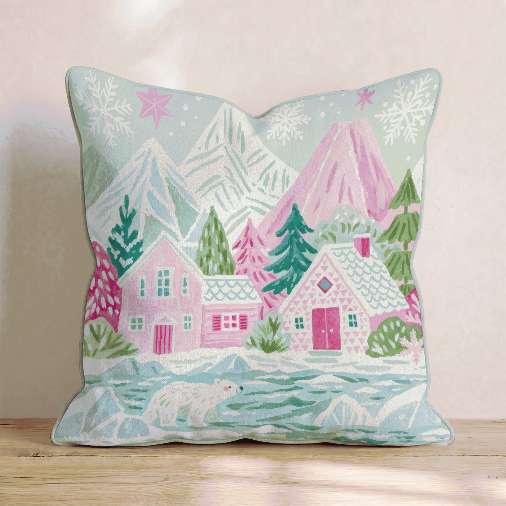 Polar Bear Pink Mountains Throw Pillow - Hillcroft Home