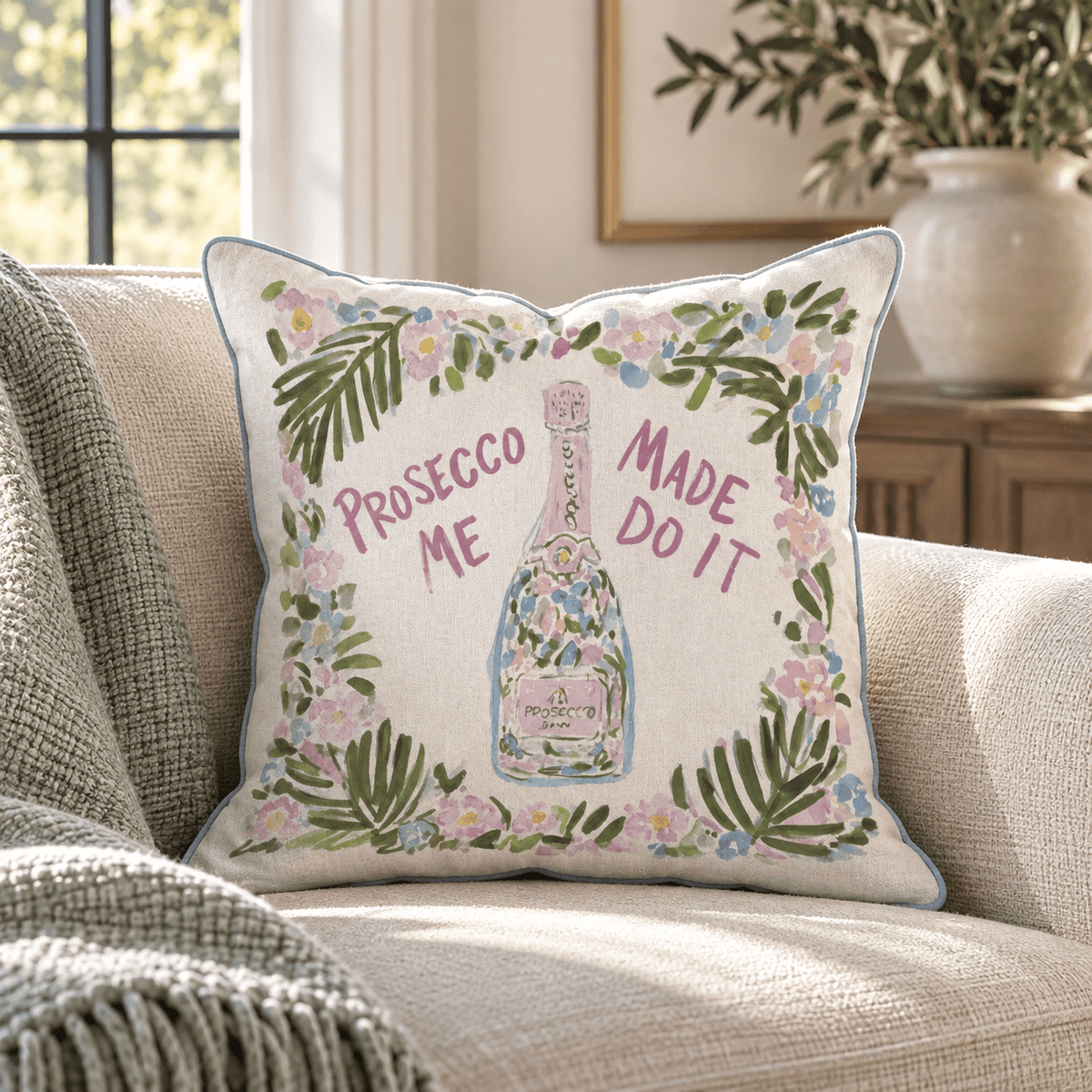 Prosecco Made Me Do It Tropical Throw Pillow throw pillow - Hillcroft Home