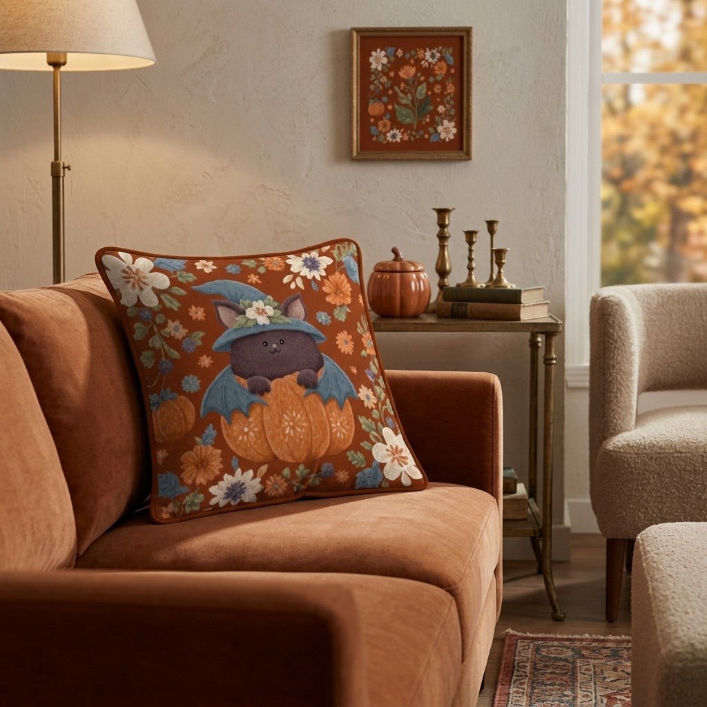 Pumpkin Bat Familiar Throw Pillow - Hillcroft Home