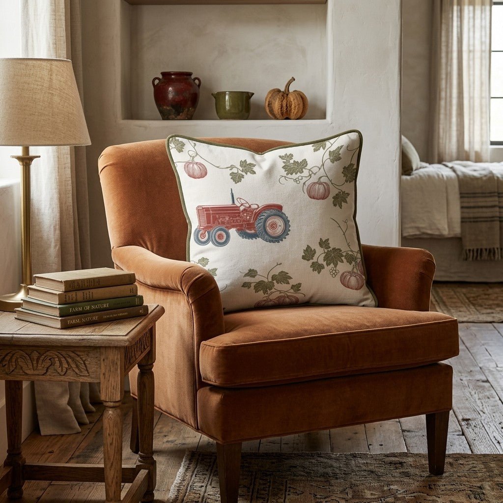 Pumpkin Vine Tractor Toile Throw Pillow - Hillcroft Home