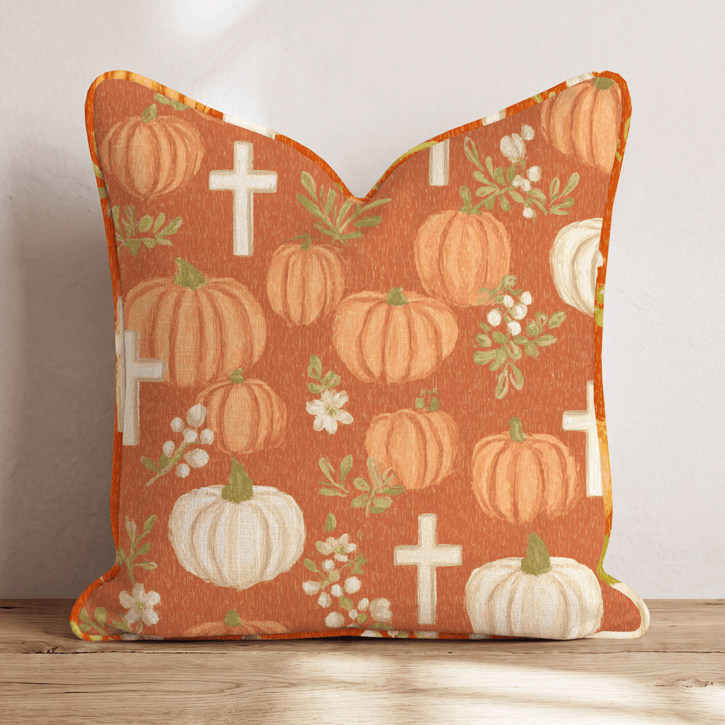 Pumpkins, Crosses & Blossoms Throw Pillow - Hillcroft Home