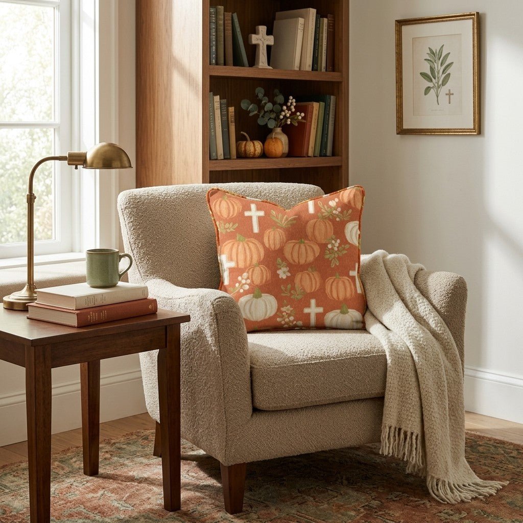 Pumpkins, Crosses & Blossoms Throw Pillow - Hillcroft Home