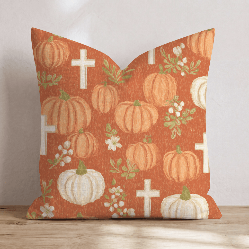 Pumpkins, Crosses & Blossoms Throw Pillow - Hillcroft Home