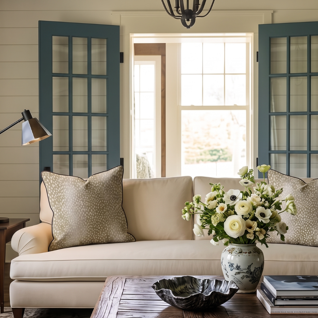 A beige sofa with patterned pillows—including the Hillcroft Home Dotted Brown Fawn Throw Pillow—sits in front of blue French doors. A vase of white flowers rests on a wooden coffee table, and sunlight streams through the windows in the background.