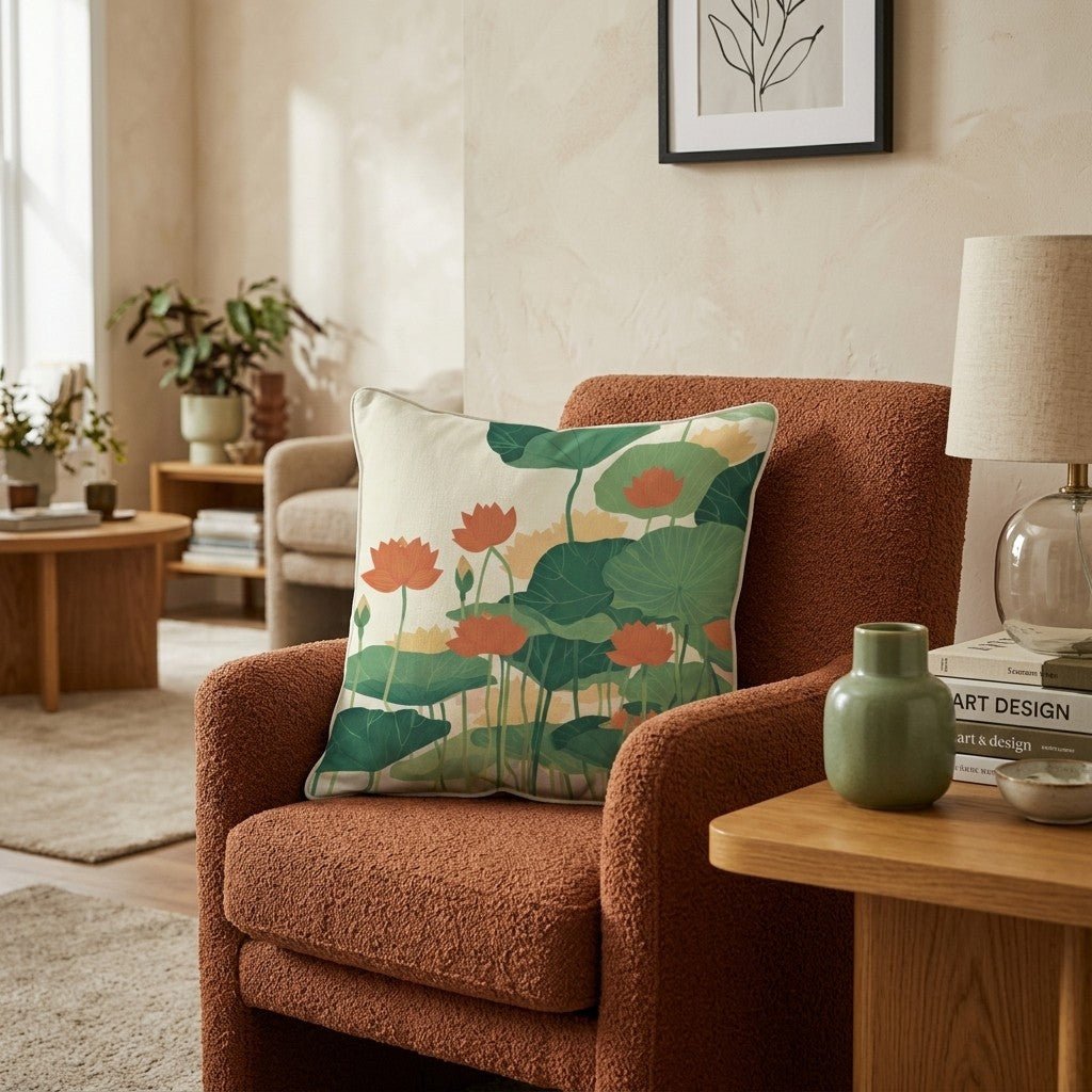 Red Gold Lotus Pond Throw Pillow - Hillcroft Home