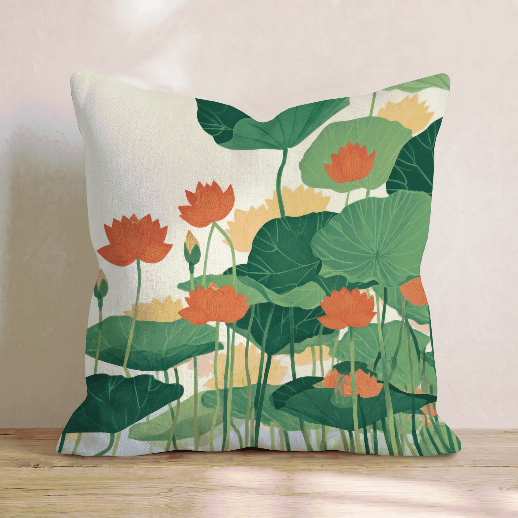 Red Gold Lotus Pond Throw Pillow - Hillcroft Home