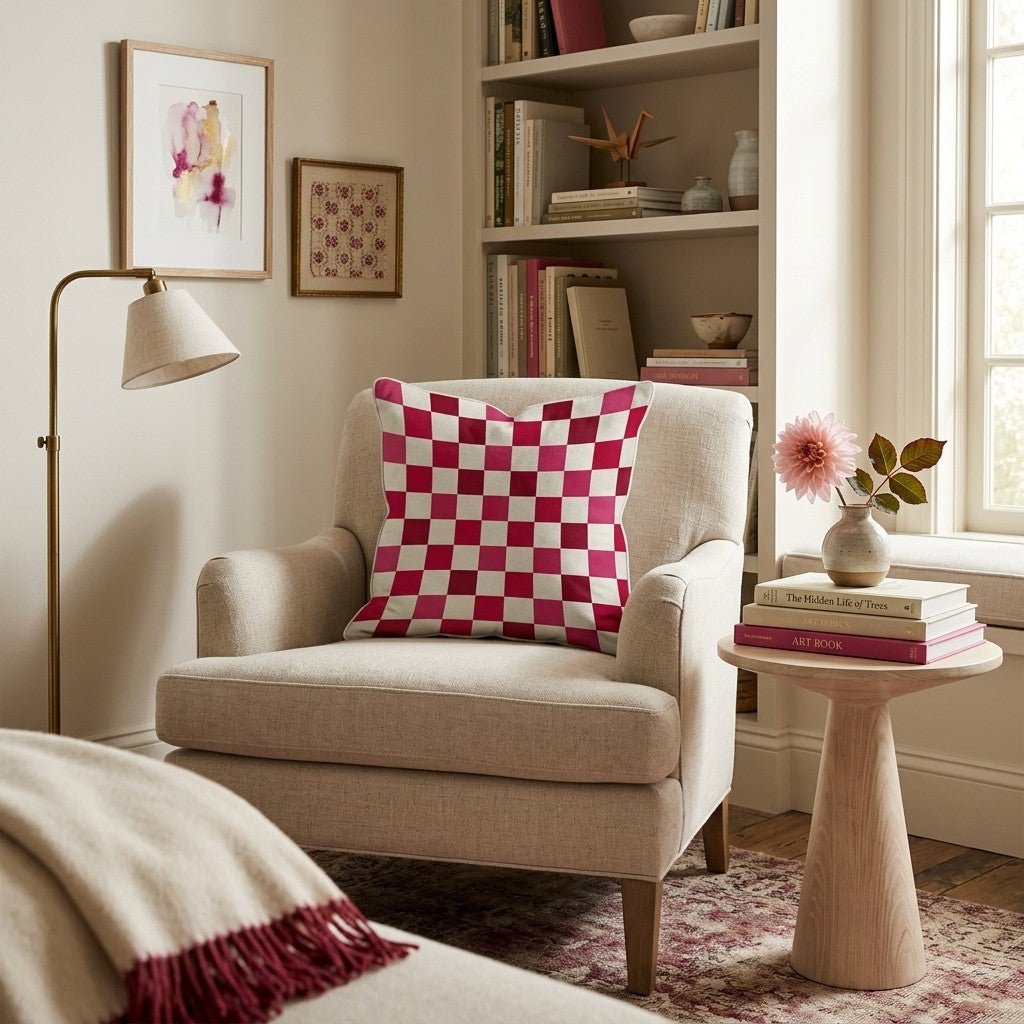 Red Multi Checker Throw Pillow - Hillcroft Home