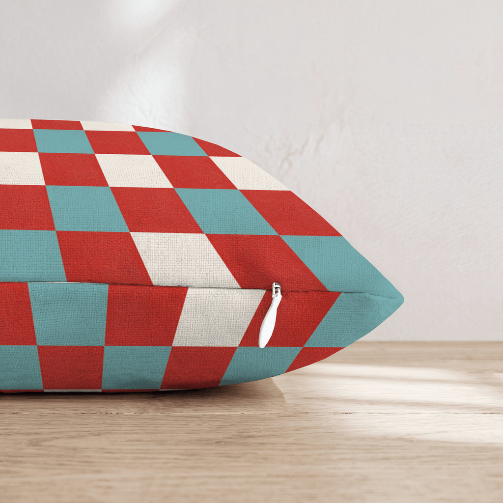 Red Teal Retro Check Throw Pillow - Hillcroft Home
